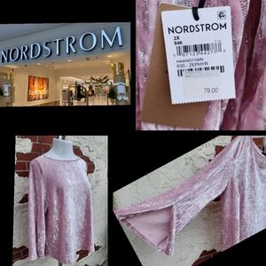 $79 New 2X Women Halogen NORDSTROM pink velvet long split sleeve shirt metallic